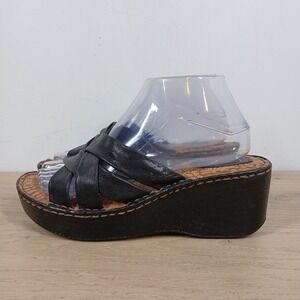 Born Concept Sandals Womens US 8 Black Leather Wedge Platform Slide Comfort